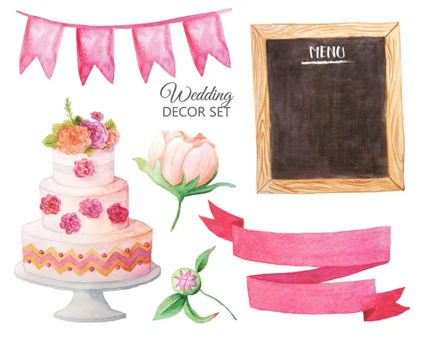 Aquarela Romântico Elegante Decoração Casamento Estilo Definido Cores Rosa Vermelho — Fotografia de Stock