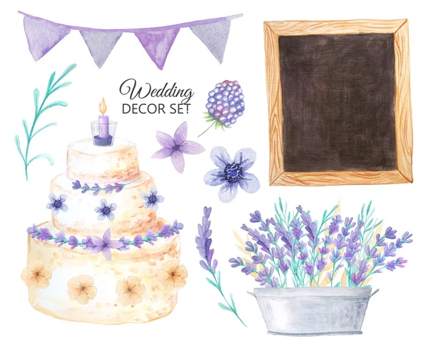 Watercolor Rustic Provence Style Wedding Decor Set Pastel Violet Colors — Stock Photo, Image