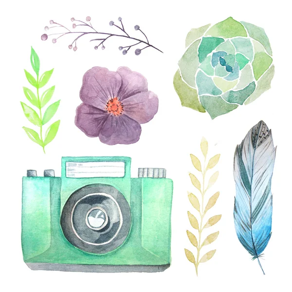 Set Aquarell Fotokamera Mit Blumen Blättern Und Federn Handbemalte Foto — Stockfoto