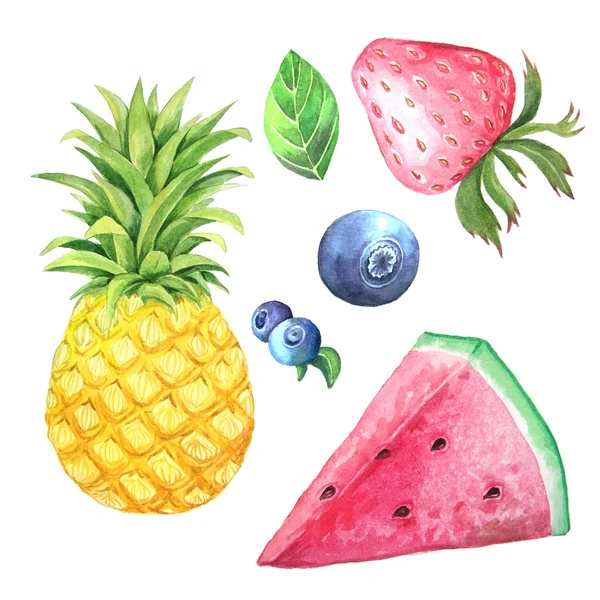 Håndmalte Sommerfrukter Med Akvareller Ananas Vannmelon Bær Eksotisk Fersk Samling – stockfoto