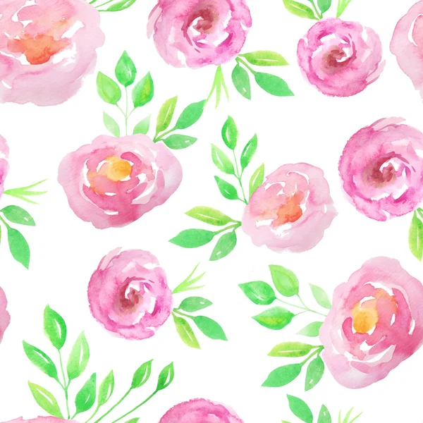 Sömlöst mönster med rosa blommor och blad — Stockfoto