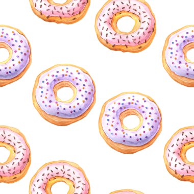 Krem ve yağmurlama şekerleme ile sırlı suluboya tatlı ve lezzetli Donuts ile Dikişsiz desen. Lezzetli tatlı ile arka plan kumaş Tekstil veya duvar kağıdı için kullanılabilir