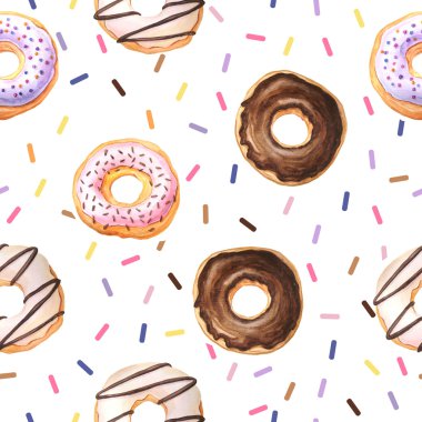 Krem, çikolata ve şekerleme yağmurlama ile sırlı suluboya tatlı ve lezzetli Donuts ile Dikişsiz desen. Lezzetli tatlı ile arka plan kumaş Tekstil veya duvar kağıdı için kullanılabilir