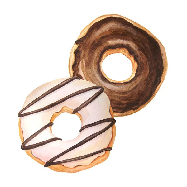 Set Watercolor Hand Painted Sweet Tasty Donuts Glazed Cream Chocolate — Stock Photo, Image