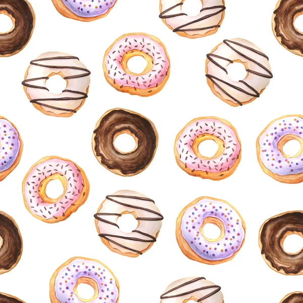 Seamless Pattern Watercolor Sweet Donuts Glazed Cream Chocolate Sprinkling Confectionery — Stock Photo, Image