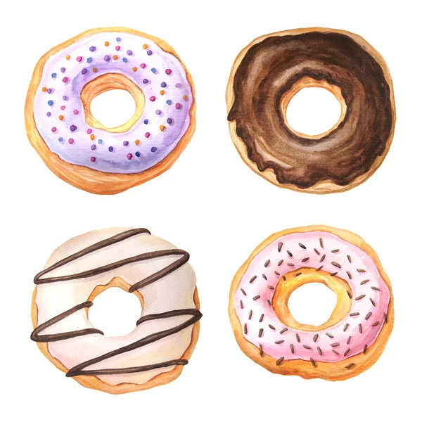 Set Watercolor Hand Painted Tasty Donuts Glazed Cream Chocolate Sprinkling — Stock Photo, Image