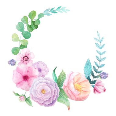 Çiçekler ve yaprakları ile suluboya çerçevesi