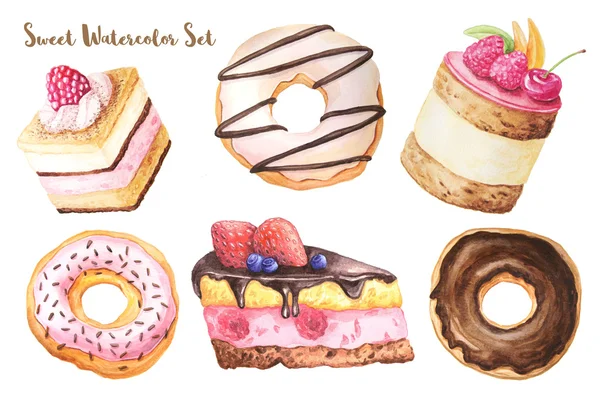 Watercolor Hand Painted Sweet Tasty Cakes Donuts Berries Chocolate Confectionery — Stock Photo, Image