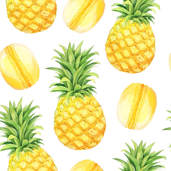 Seamless pattern with isolated watercolor pineapples and makarons in bright green and yellow colors. Hand painted exotic fruits. Summer bright background perfect for fabric textile