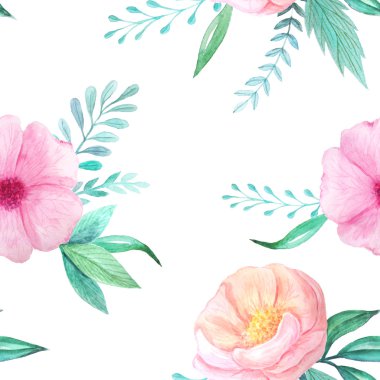 El boyalı suluboya çiçekler ve pastel renklerde yaprakları ile Dikişsiz desen Bahçe bitkiler esinlenerek. Kumaş Tekstil, Vintage kağıt veya scrapbooking için mükemmel romantik çiçek arka plan