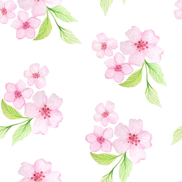 Seamless Pattern Hand Painted Watercolor Cherry Flowers Leaves Spring Cherry — Stock Photo, Image