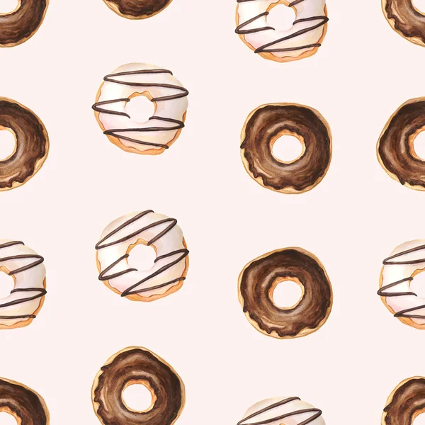 Seamless Pattern Watercolor Sweet Tasty Donuts Glazed Cream Chocolate Background — Stock Photo, Image