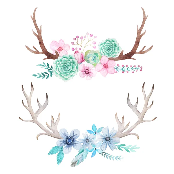 Set of hand painted watercolor flowers, leaves, antlers and branches in rustic style. Boho rustic composicion perfect for floral design projects