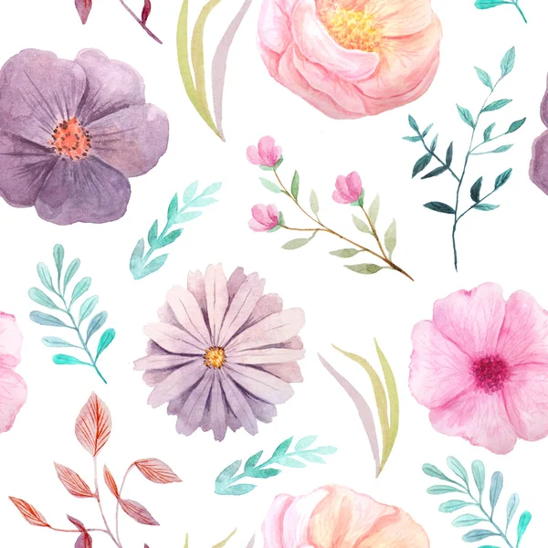 Naadloze Patroon Met Handgeschilderde Aquarel Bloemen Bladeren Pastel Kleuren Geïnspireerd — Stockfoto