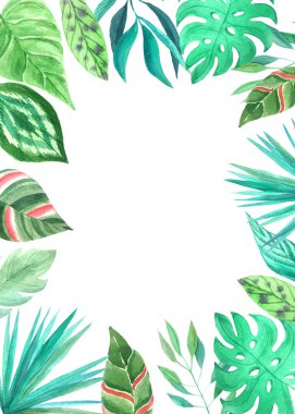 Suluboya el yaprakları ve bitkiler ile tropikal çerçeve boyalı. Yeşil orman yeşillik kart şablon yaz düğün daveti ve parti kartı yapma için mükemmel