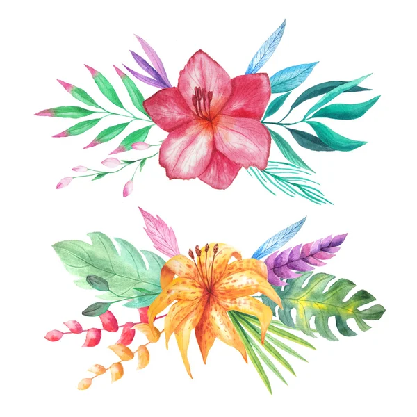 Conjunto Aquarela Pintados Mão Flores Tropicais Folhas Plantas Selva Brilhante — Fotografia de Stock