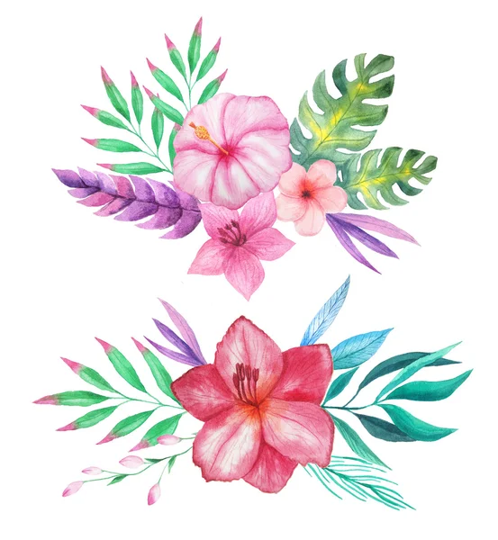 Set of Watercolor hand painted tropical flowers, leaves and plants. Bright jungle exotic clip art perfect for summer wedding invitation and party card making