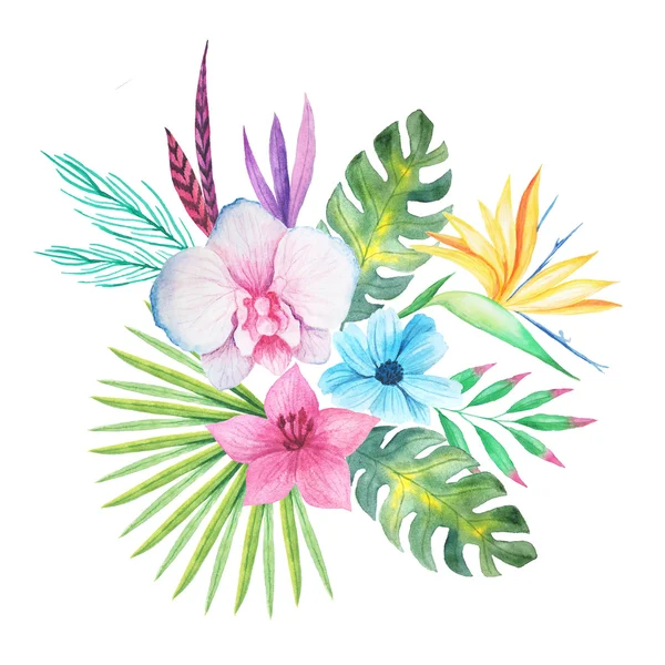 Set of Watercolor hand painted tropical flowers, leaves and plants. Bright jungle exotic clip art perfect for summer wedding invitation and party card making