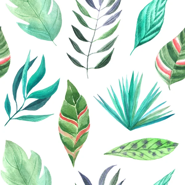 Bezešvé Vzory Akvarel Zelenými Tropickými Listy Rostlinami Ručně Natřené Zelené — Stock fotografie