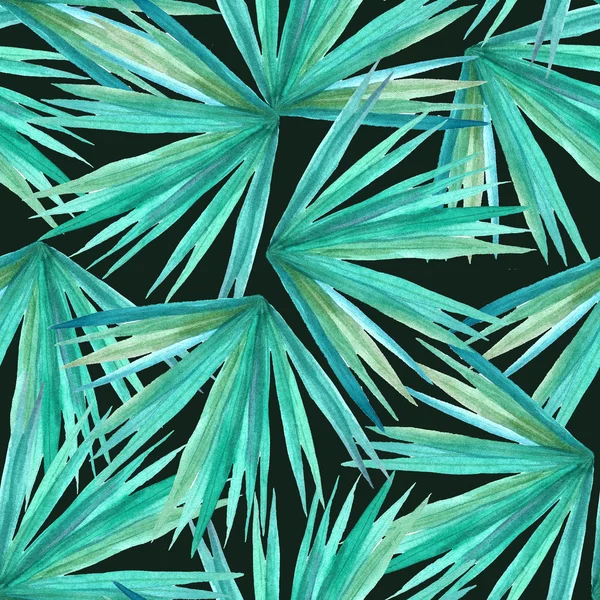Seamless pattern with watercolor green tropical leaves with dark backdrop. Hand painted jungle greenery background perfect for fabric textile or wedding decor