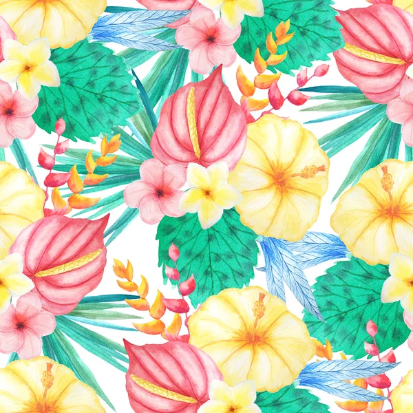 Seamless pattern with watercolor tropical flowers, leaves and plants. Hand painted jungle paradise background perfect for textile and scrapbooking