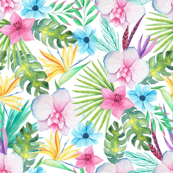Seamless pattern with watercolor tropical flowers, leaves and plants. Hand painted jungle paradise background perfect for textile and scrapbooking