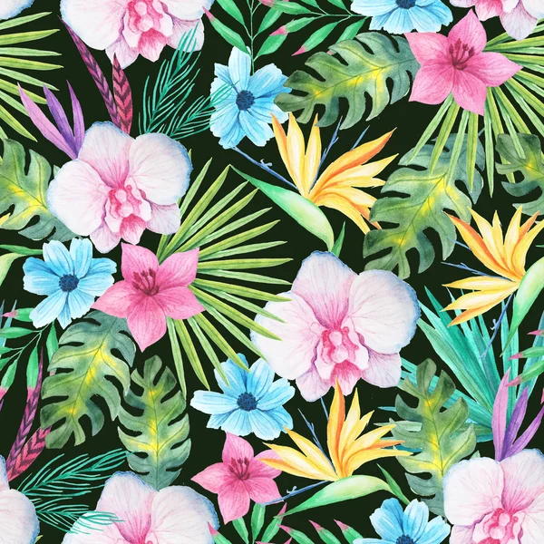 Seamless pattern with watercolor tropical flowers, leaves and plants with dark backdrop. Hand painted jungle paradise background perfect for textile and scrapbooking