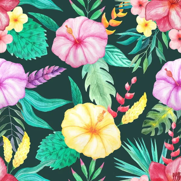 Sömlös Mönster Med Akvarell Tropiska Blommor Löv Och Växter Med — Stockfoto