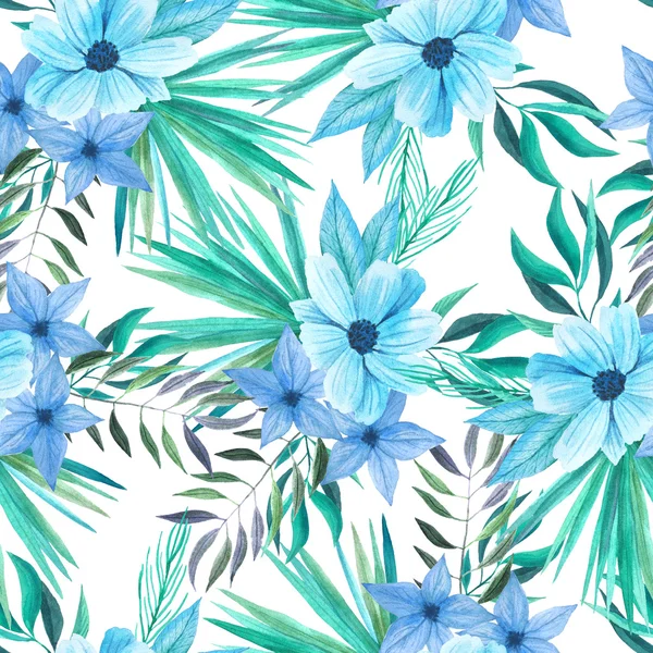 青とターコイズ色の水彩の熱帯の花 葉や植物とシームレスなパターン 手描きのジャングルパラダイスの背景は テキスタイルやスクラップブッキングに最適です — ストック写真
