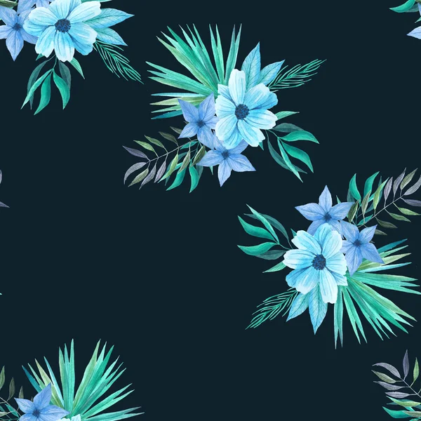 Seamless Pattern Watercolor Tropical Flowers Leaves Plants Blue Turquoise Colors — Stock Photo, Image