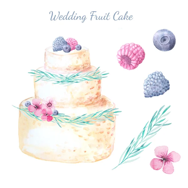 水彩画ロマンチックでエレガントなスタイルのウェディングケーキとベリーは パステルカラーに設定されています ケーキ ベリー 花の装飾的なコレクション あなた自身のデザインのための手描きの現実的な要素 — ストック写真