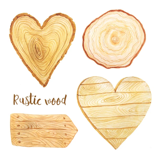 Watercolor hand painted heart wood slices and plank.Realistic tree rings. Painted wooden texture in eco natural rustic style perfect for card making, wedding invitations and blog decor