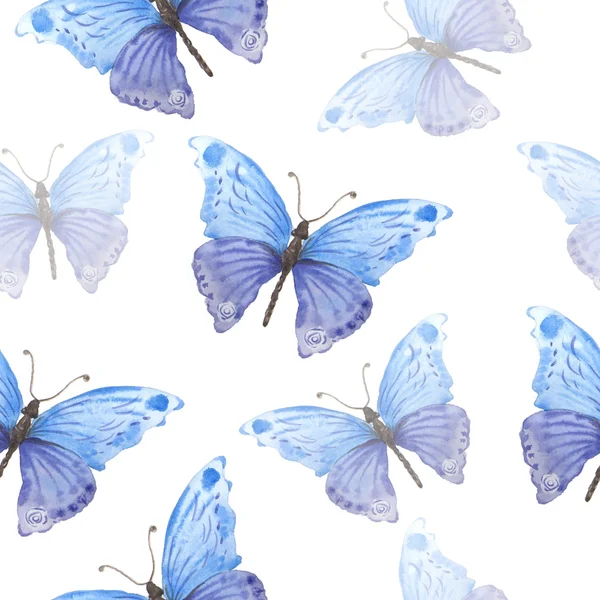 Patrón Sin Costuras Con Azul Brillante Acuarela Mariposas Sobre Fondo —  Fotos de Stock