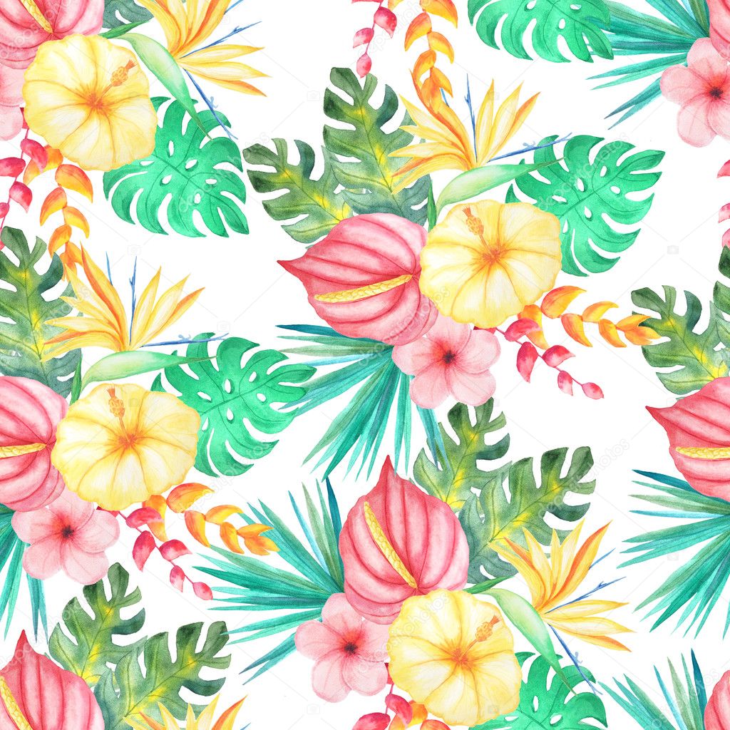 Seamless pattern with watercolor tropical flowers, leaves and plants. Hand painted jungle paradise background perfect for textile and scrapbooking
