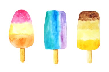 Sulu Boya meyve dondurma beyaz arka plan üzerinde izole Stick kümesi. Renkli tatlı yaz tatlı mükemmel menü veya poster yapma