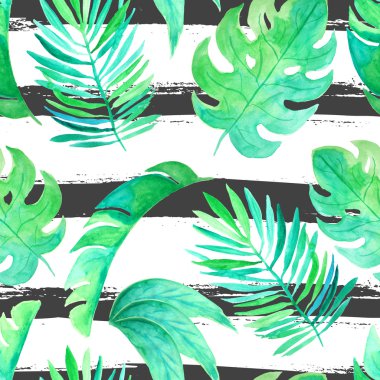 Suluboya yeşil tropikal yaprakları ve bitkiler ile Dikişsiz desen. El boyalı orman yeşillik arka plan kumaş Tekstil veya düğün dekor için mükemmel