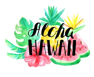 Aloha Hawaii yazı. Çiçek, yaprakları, karpuz ve el çizilmiş tipografi ile ananas ile suluboya tropikal kompozisyon ayarlayın. Yaz parti kartı yapma için mükemmel parlak orman buket