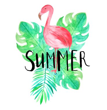 Yazlık el yazısı. Suluboya elle boyanmış tropik yapraklar ve tipografi ile flamingo kompozisyonu. 