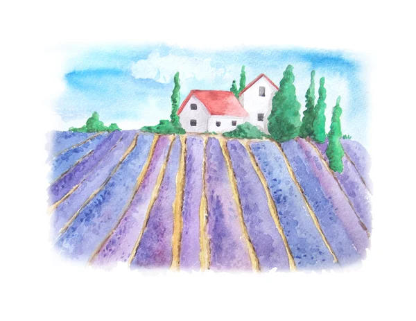 Акварельный Пейзаж Цветущим Фиолетовым Лавандовым Полем Сельский Провинциальный Дом Голубое — стоковое фото