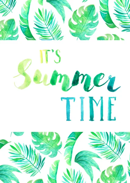 Det Summer Time Bokstäver Kortmall Med Akvarell Tropiska Gröna Blad — Stockfoto