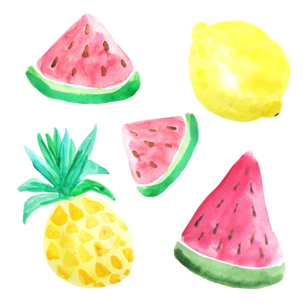 Set of hand painted watercolor summer fruits — Stock Photo, Image