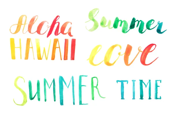 Hora Verano Aloha Hawaii Letras Mano Amor Conjunto Acuarela Pintada —  Fotos de Stock