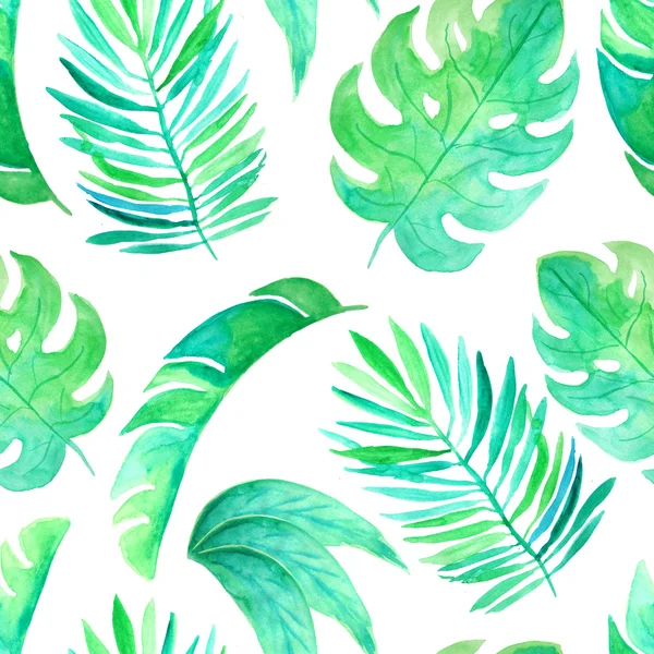 Zökkenőmentes Mintázat Akvarell Zöld Trópusi Levelek Növények Kézzel Festett Dzsungel — Stock Fotó