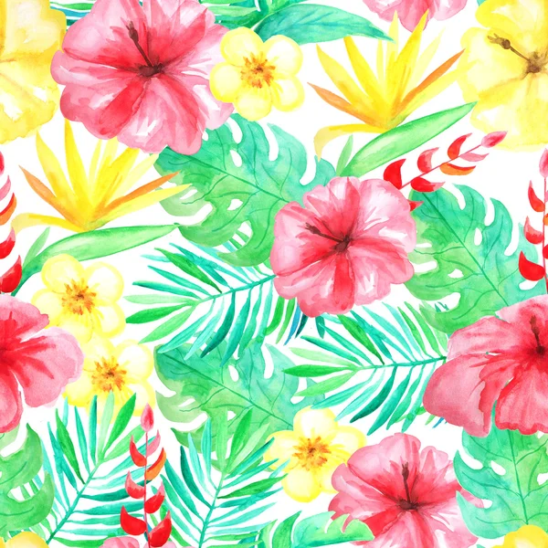 Seamless pattern with watercolor tropical flowers, leaves and plants. Hand painted jungle paradise background perfect for textile and scrapbooking