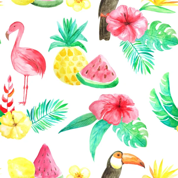 Seamless pattern with watercolor tropical flowers, leaves, plants,fruits and birds. Hand painted jungle paradise background perfect for textile and scrapbooking