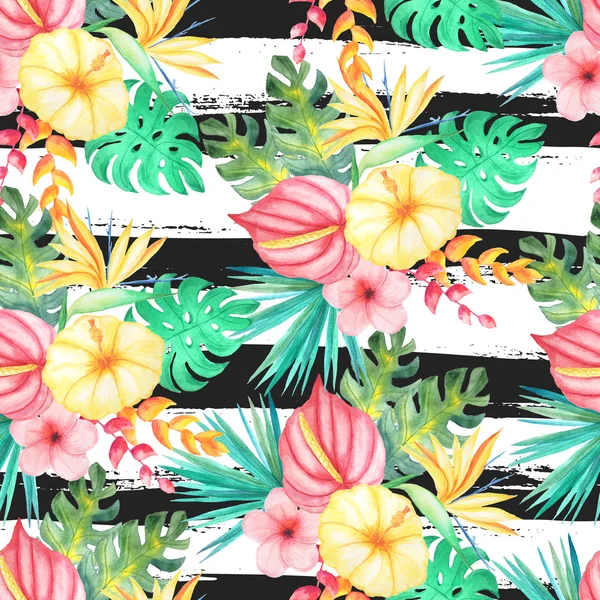 Seamless Pattern Watercolor Tropical Flowers Leaves Plants Black Lines Backdrop — 스톡 사진