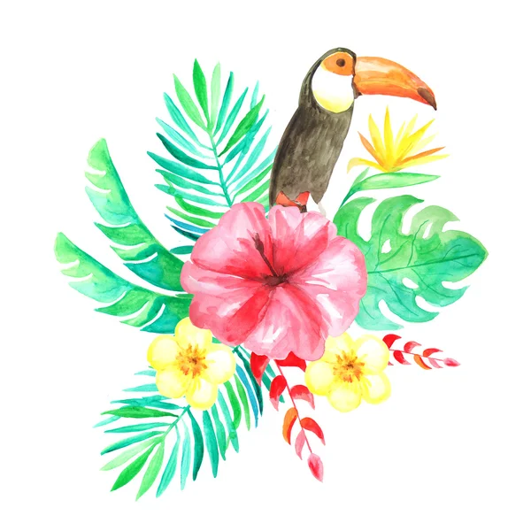 Set of Watercolor hand painted tropical flowers, leaves and toucan composition. Bright jungle exotic print perfect for summer wedding invitation and party card making