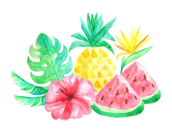 Sada Akvarel Malované Tropické Kompozice Květinami Listy Meloun Ananas Exotická — Stock fotografie