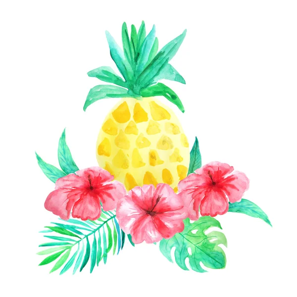 Állítsa Watercolor Kézzel Festett Trópusi Kompozíció Virágokkal Levelekkel Ananász Bright — Stock Fotó