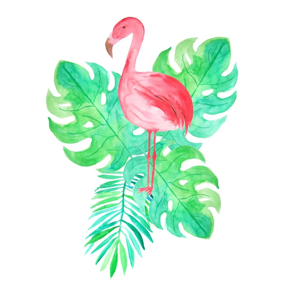 Set Van Aquarel Handgeschilderde Tropische Bladeren Flamingo Samenstelling Bright Jungle — Stockfoto